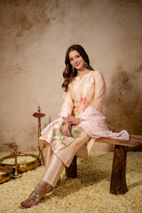 Cream Floral Printed Soft Assam Kurta Pant Set