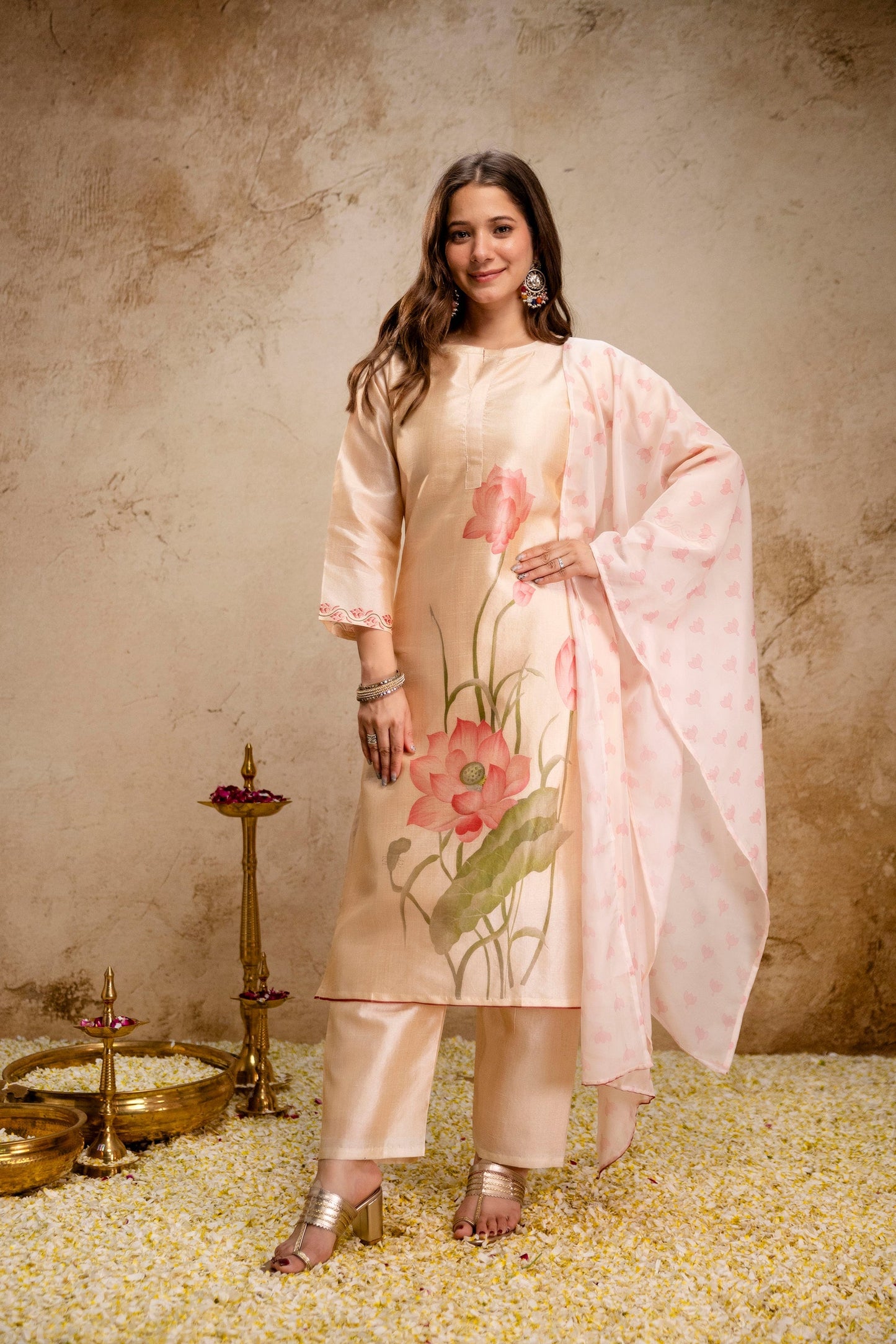 Cream Floral Printed Soft Assam Kurta Pant Set
