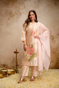 Cream Floral Printed Soft Assam Kurta Pant Set