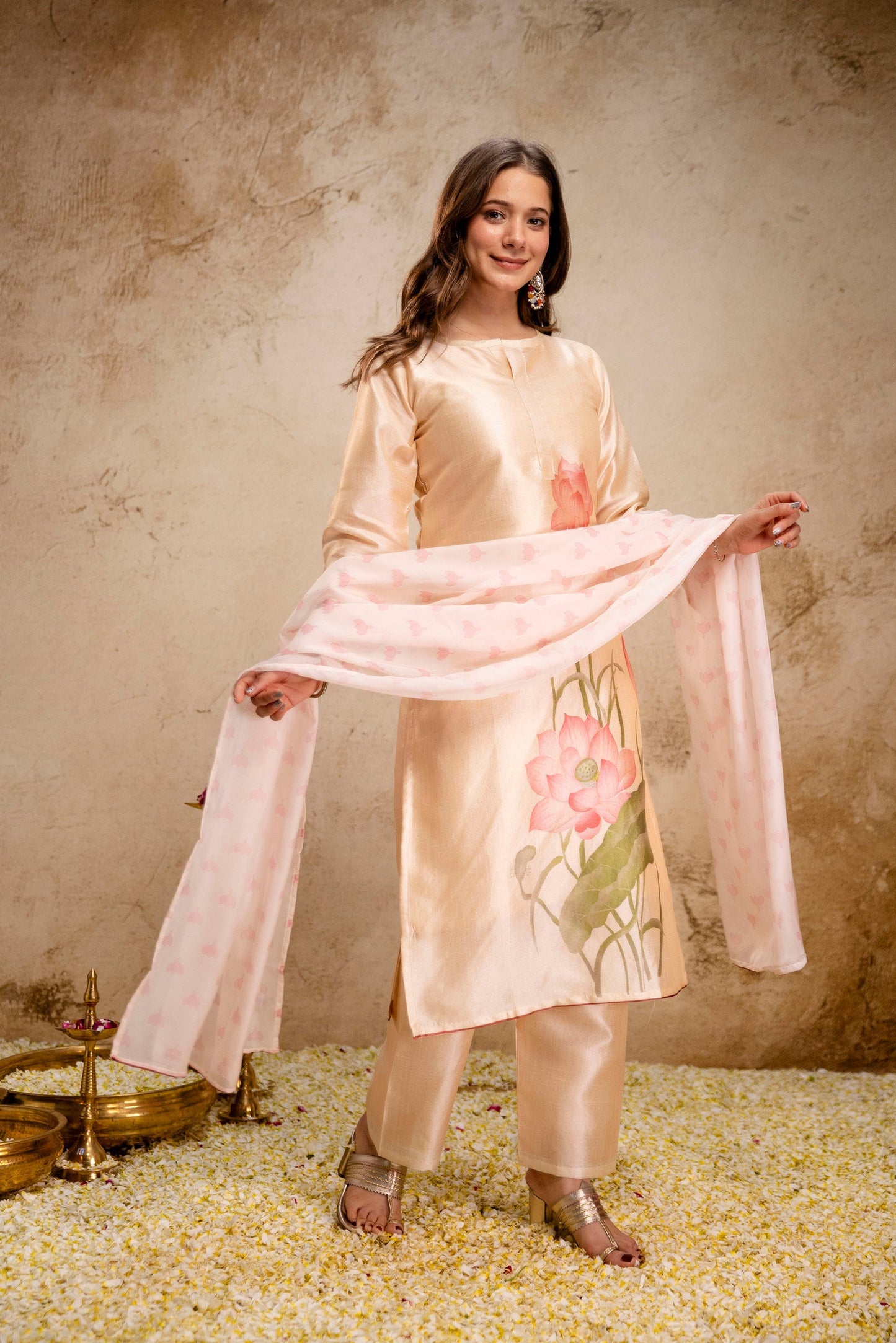Cream Floral Printed Soft Assam Kurta Pant Set