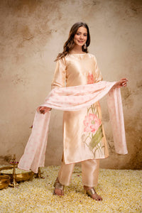Cream Floral Printed Soft Assam Kurta Pant Set
