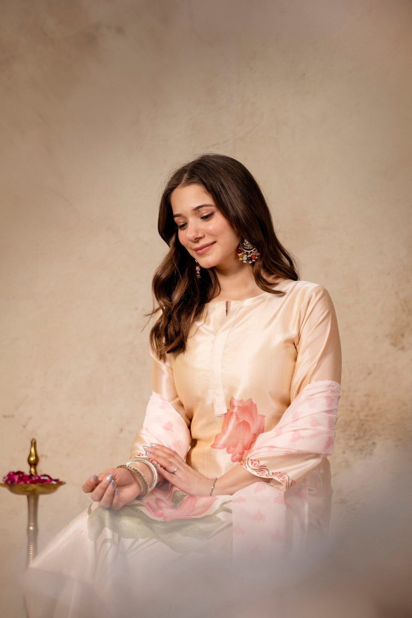 Cream Floral Printed Soft Assam Kurta Pant Set