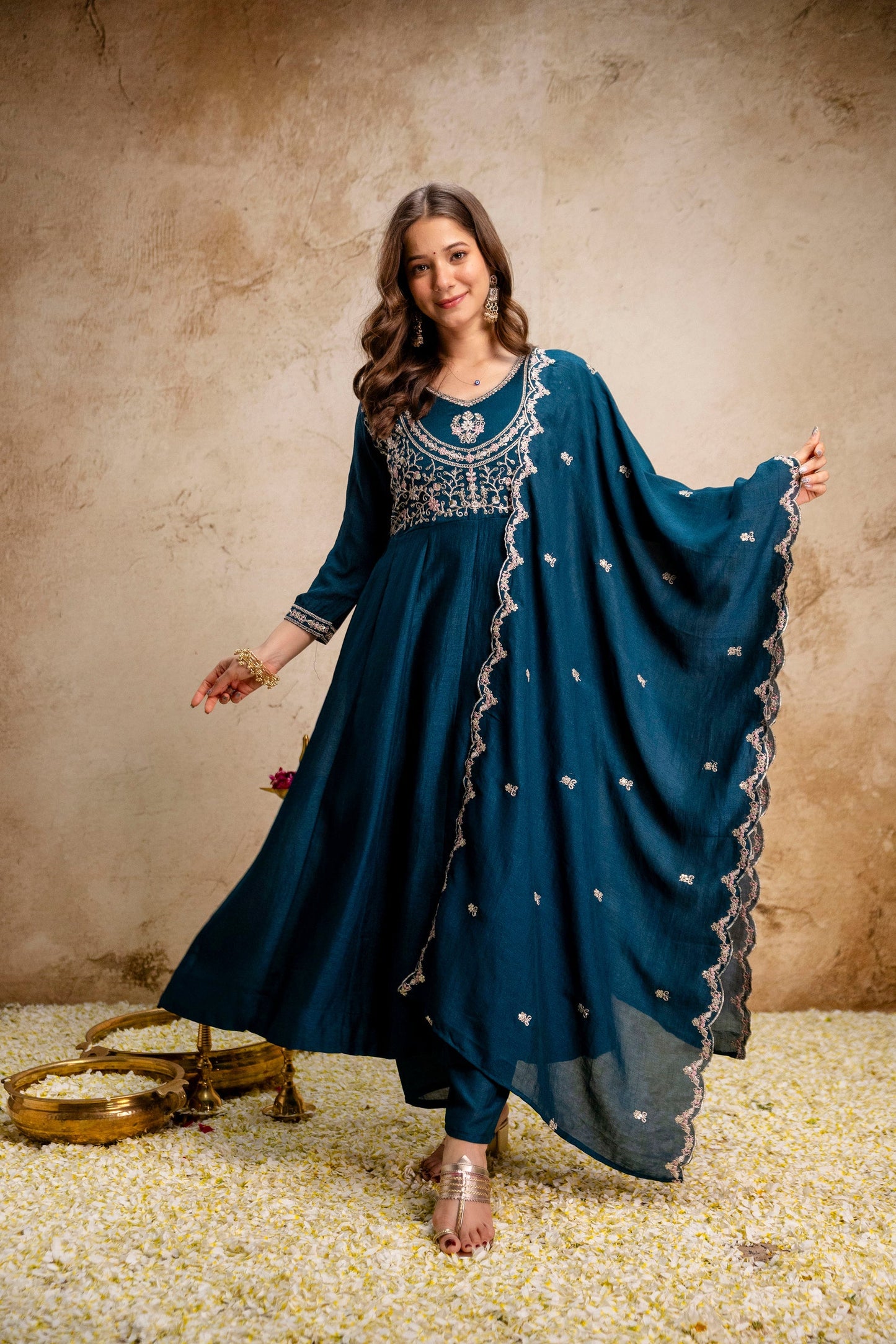Blue Embroidered Vichitra Silk Anarkali Suit Set
