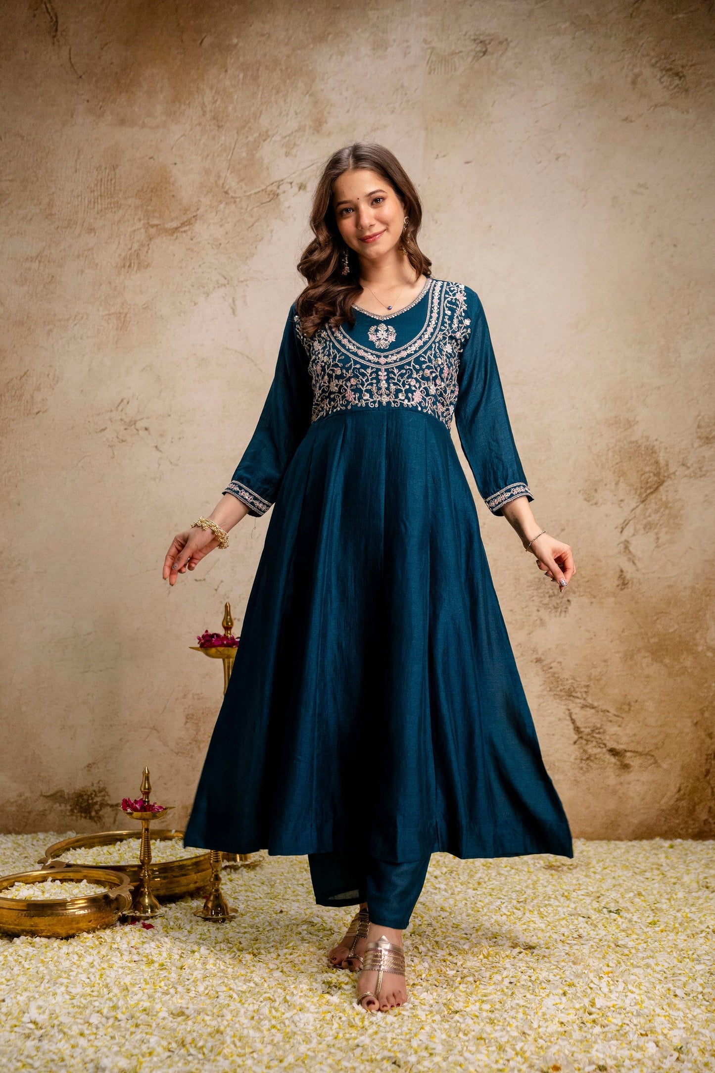 Blue Embroidered Vichitra Silk Anarkali Suit Set
