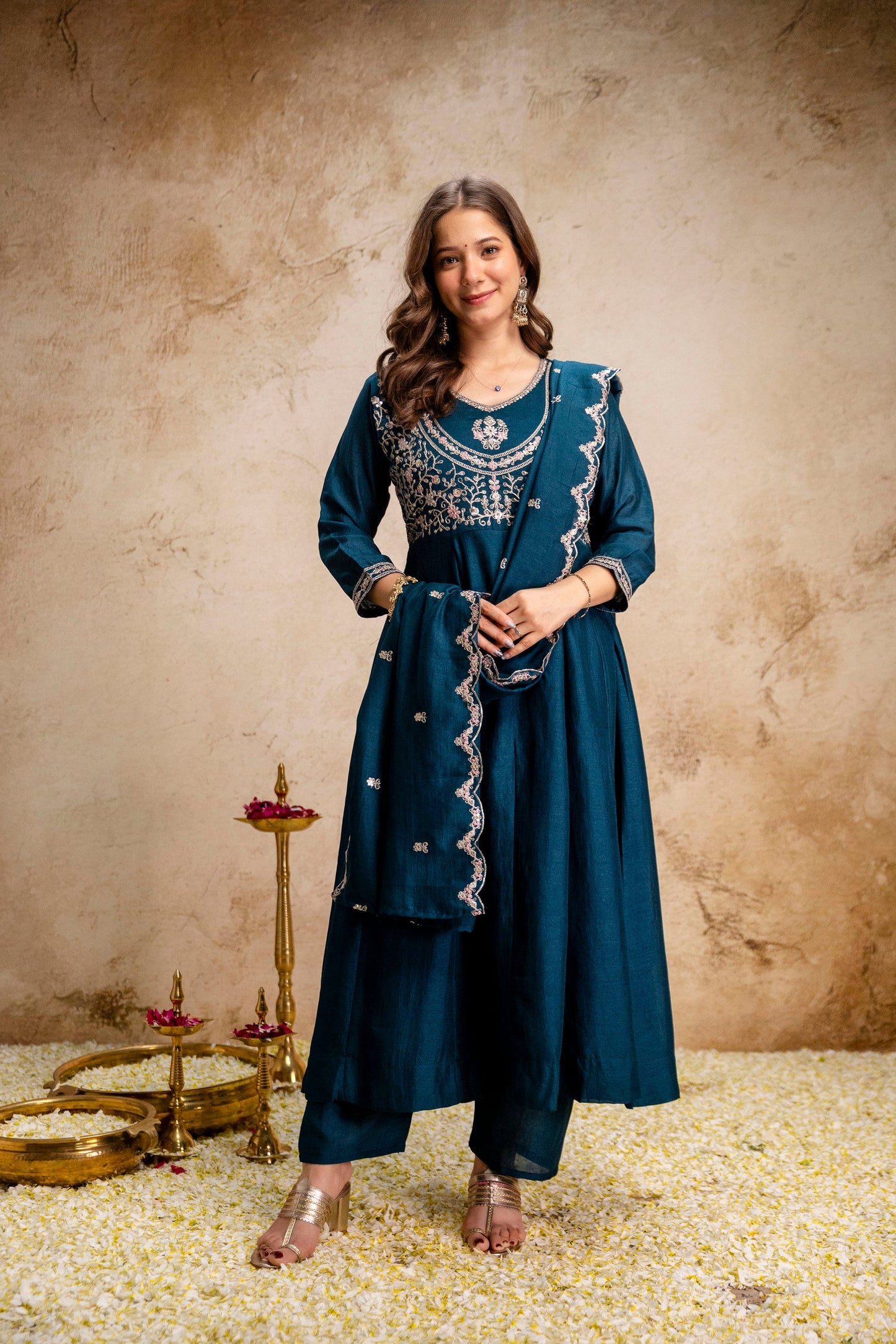 Blue Embroidered Vichitra Silk Anarkali Suit Set