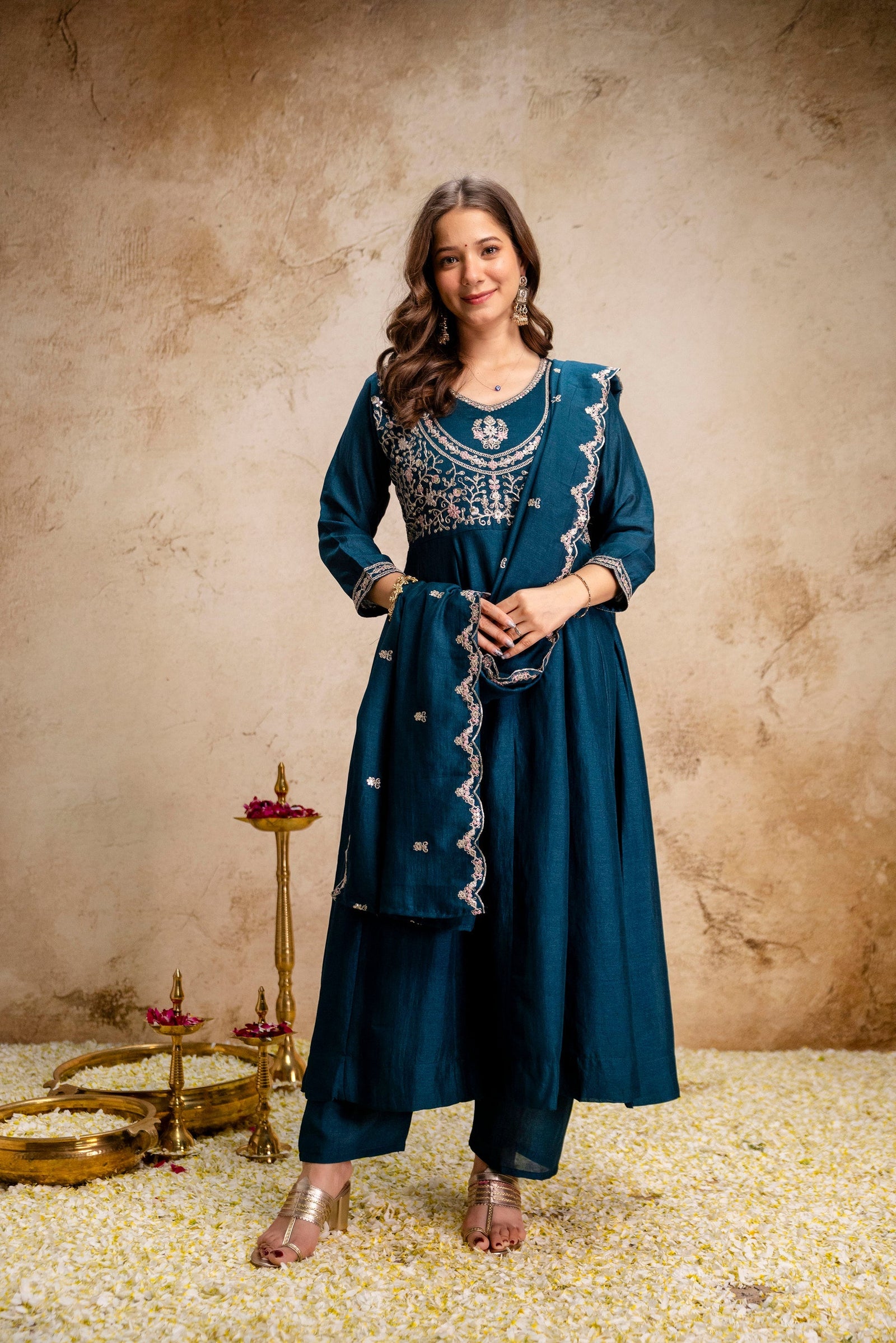Blue Embroidered Vichitra Silk Anarkali Suit Set