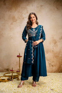 Blue Embroidered Vichitra Silk Anarkali Suit Set