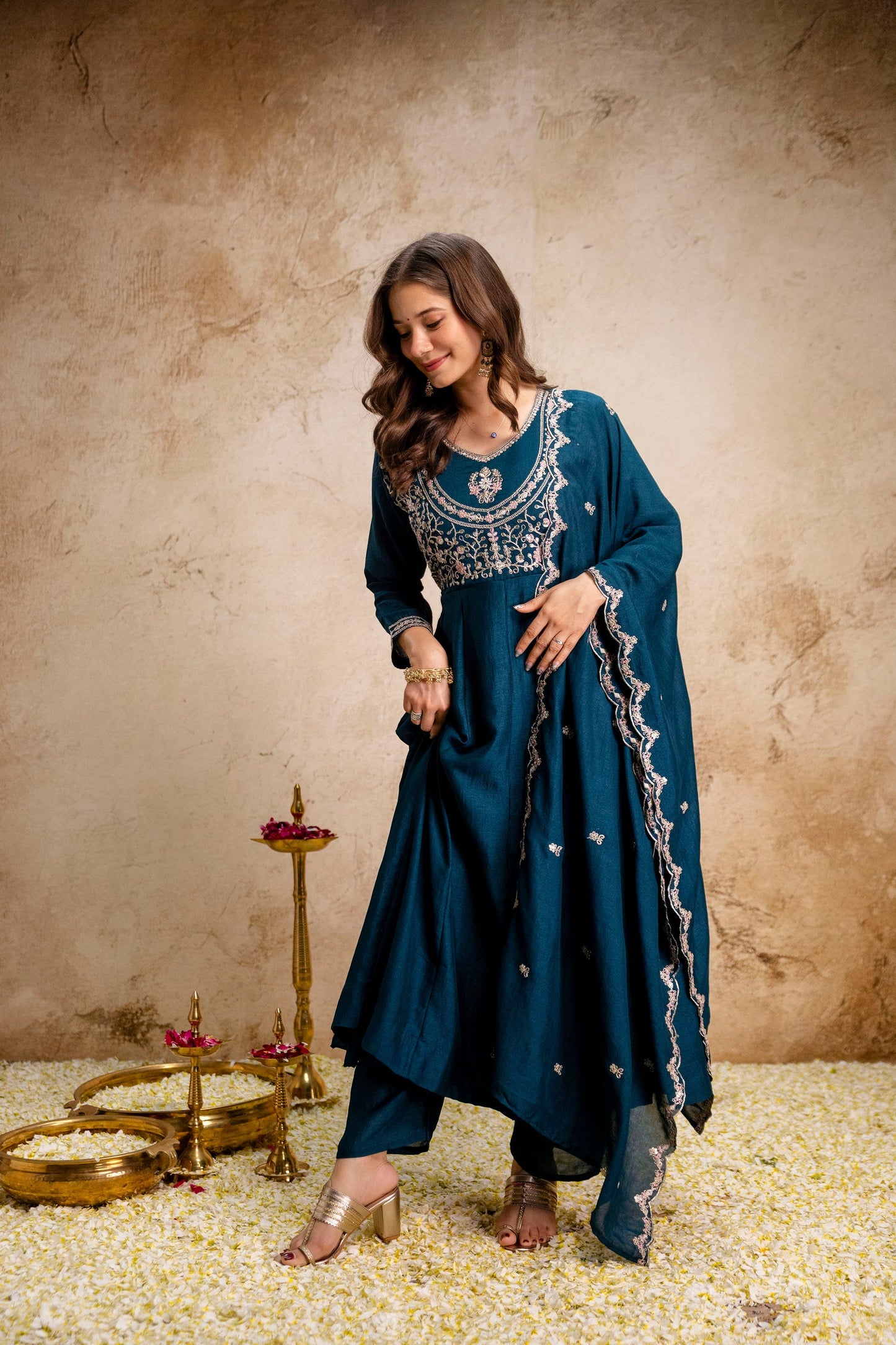 Blue Embroidered Vichitra Silk Anarkali Suit Set
