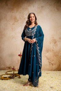 Blue Embroidered Vichitra Silk Anarkali Suit Set