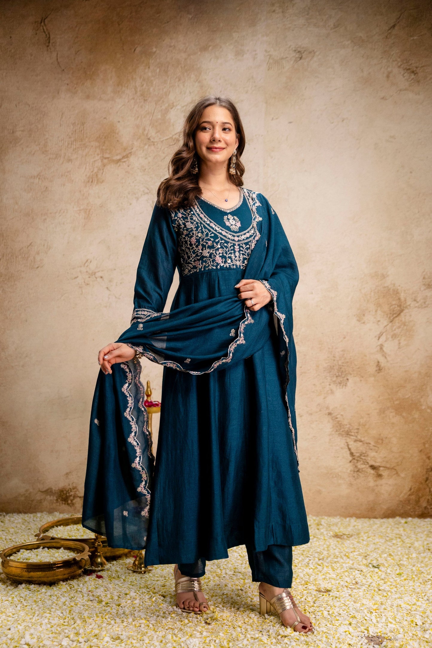 Blue Embroidered Vichitra Silk Anarkali Suit Set