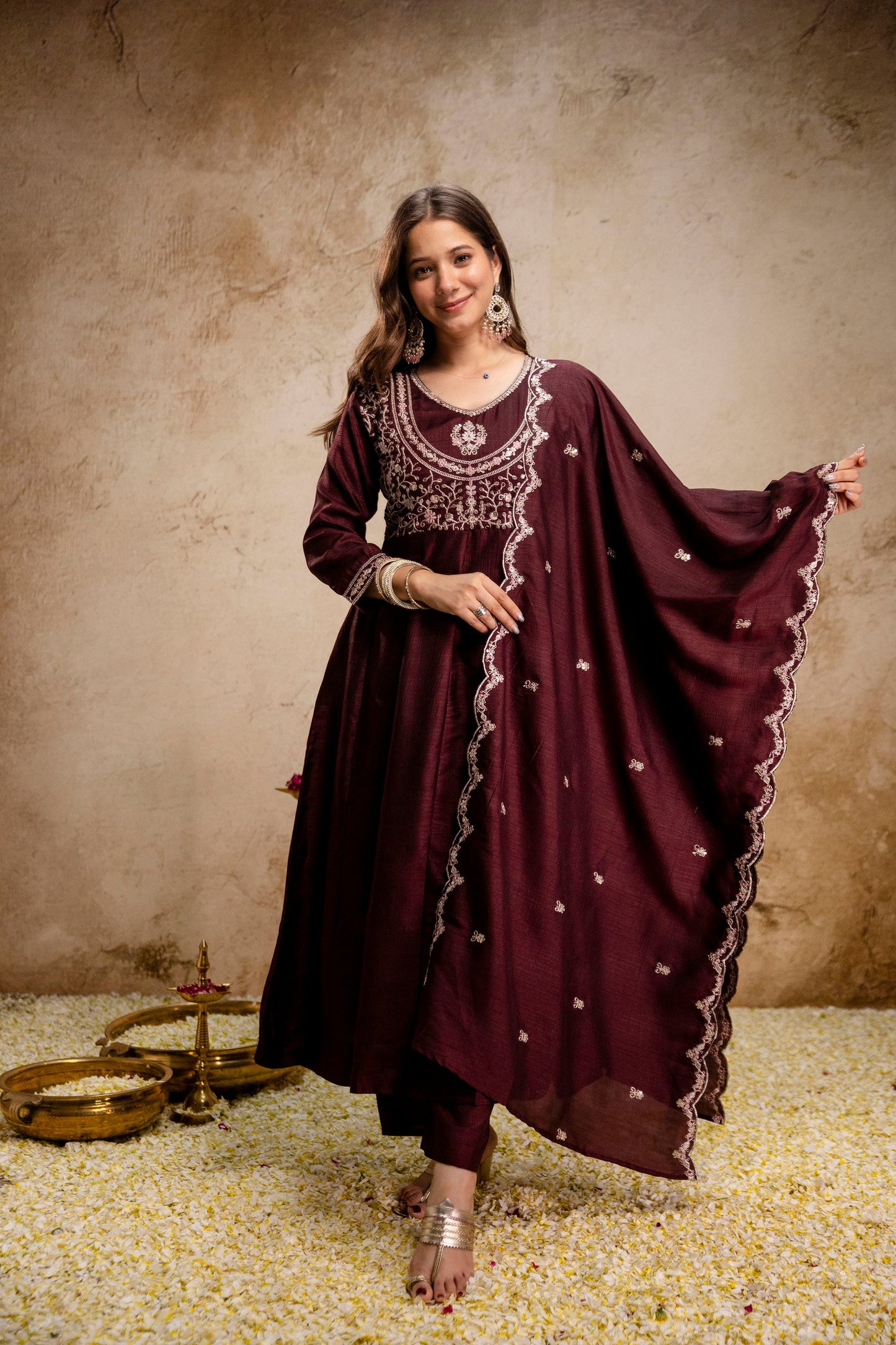Brown Embroidered Vichitra Silk Anarkali Suit Set