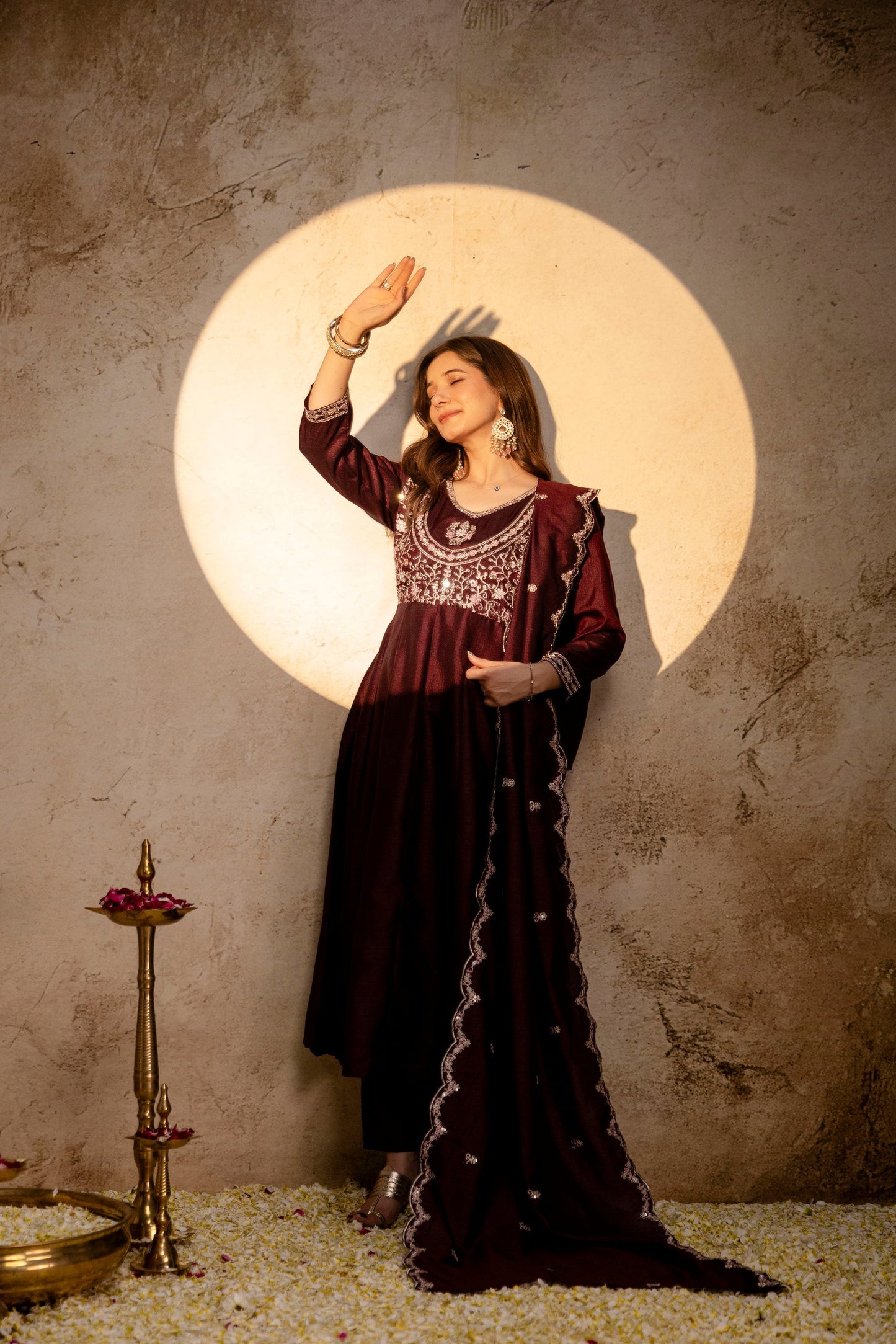 Brown Embroidered Vichitra Silk Anarkali Suit Set