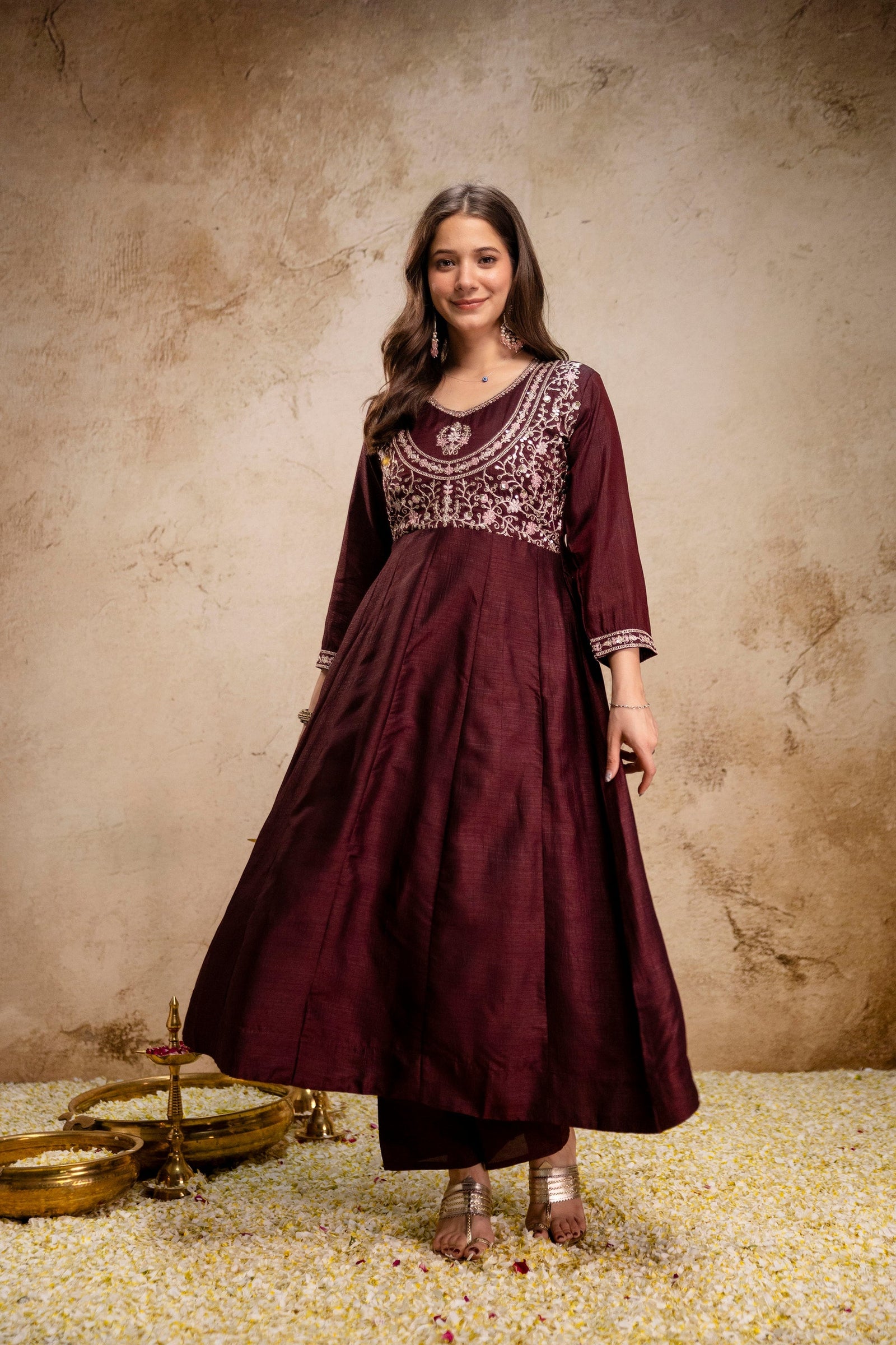Brown Embroidered Vichitra Silk Anarkali Suit Set