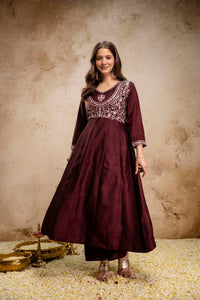 Brown Embroidered Vichitra Silk Anarkali Suit Set