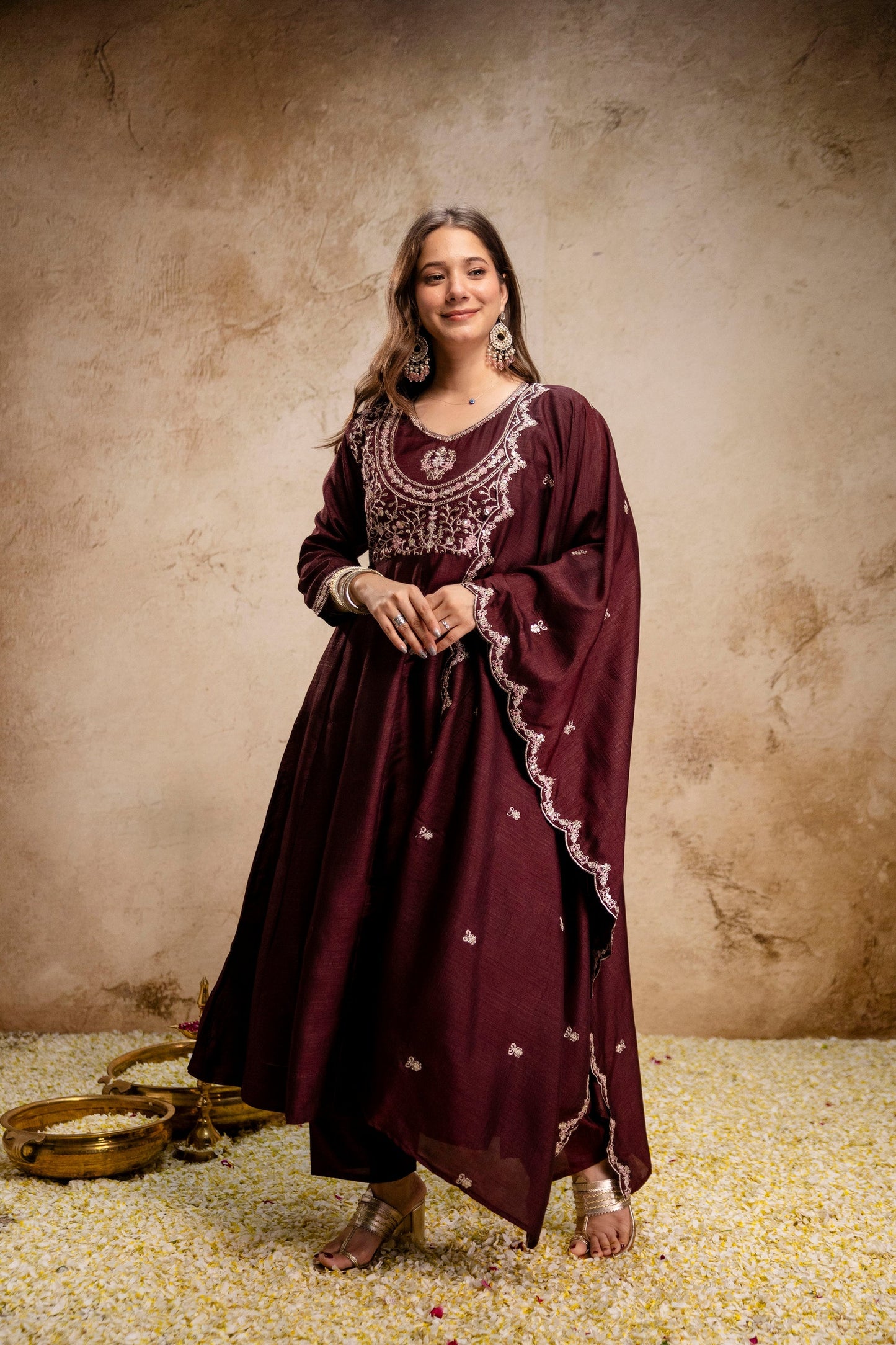 Brown Embroidered Vichitra Silk Anarkali Suit Set