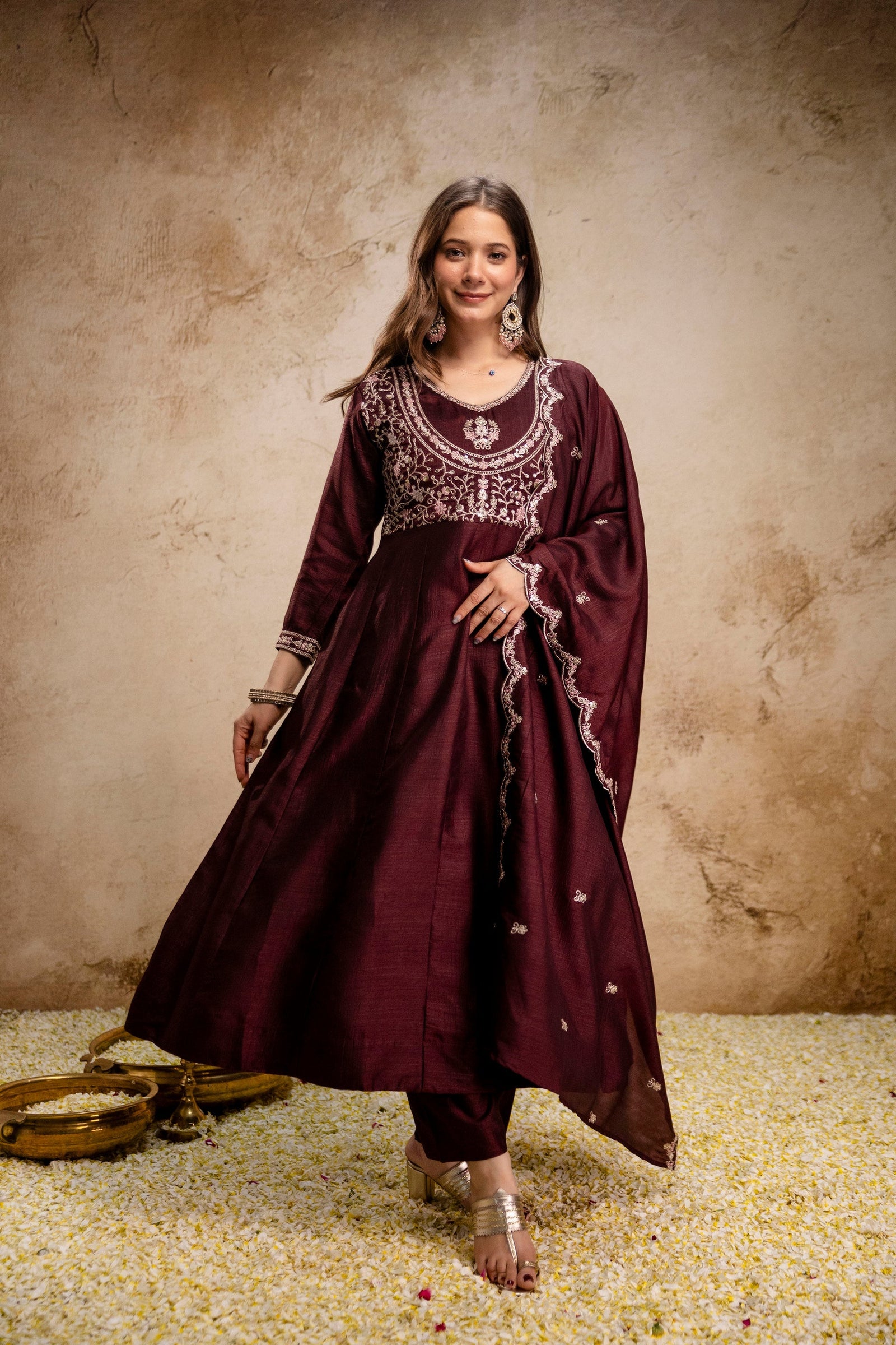 Brown Embroidered Vichitra Silk Anarkali Suit Set