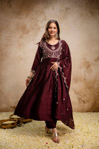 Brown Embroidered Vichitra Silk Anarkali Suit Set