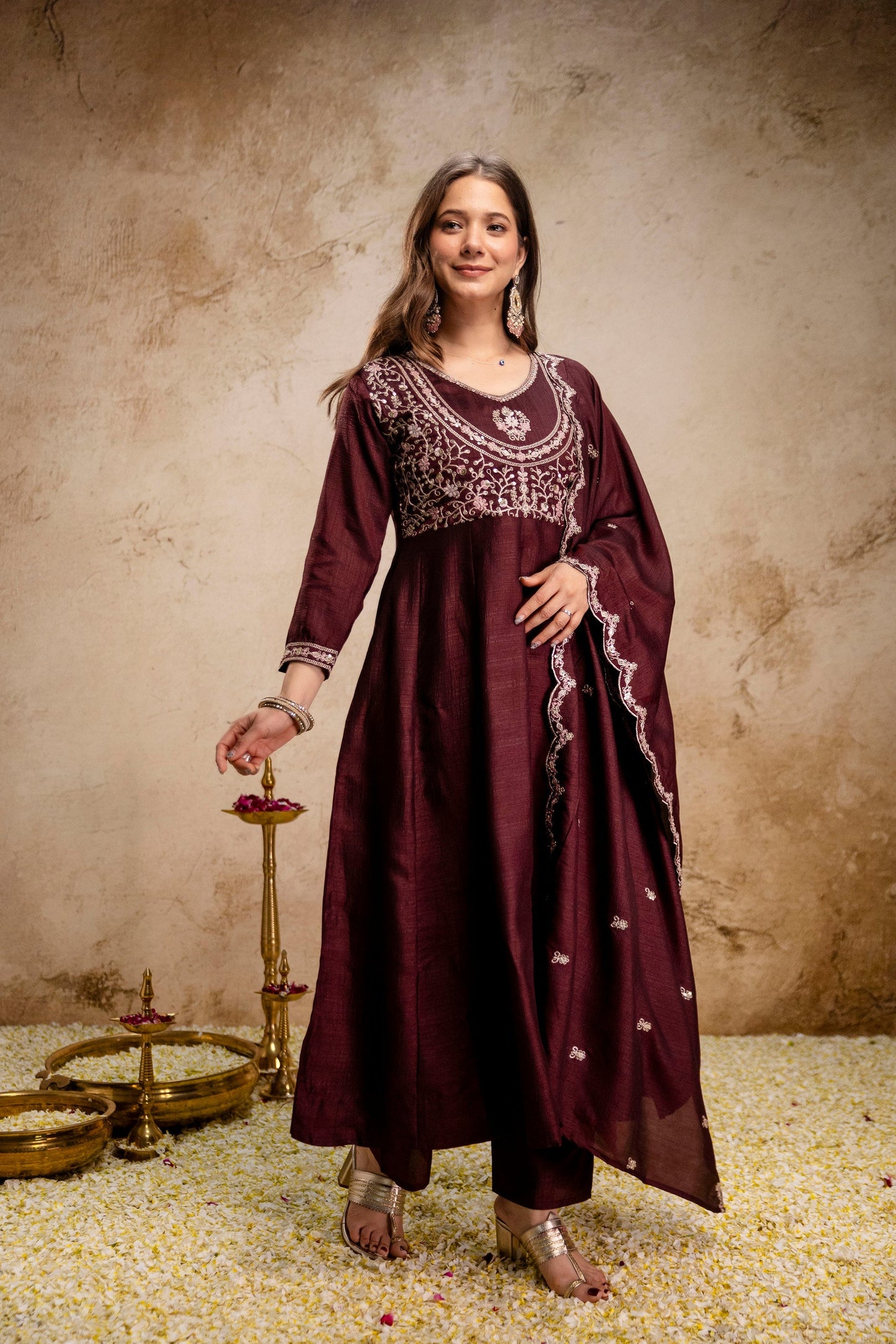 Brown Embroidered Vichitra Silk Anarkali Suit Set