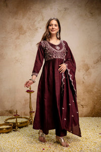 Brown Embroidered Vichitra Silk Anarkali Suit Set
