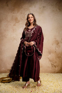 Brown Embroidered Vichitra Silk Anarkali Suit Set