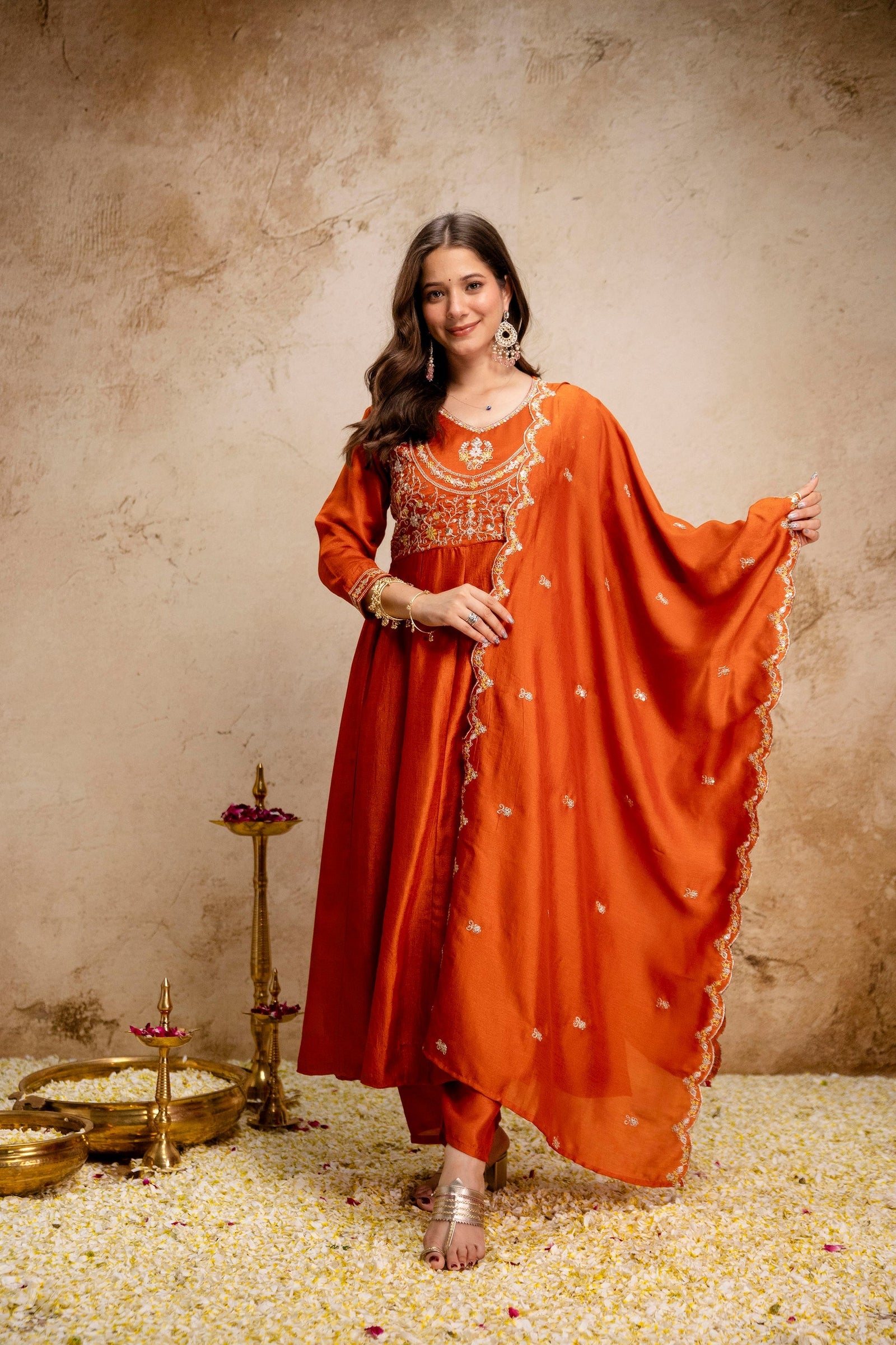 Orange Embroidered Vichitra Silk Anarkali Suit Set