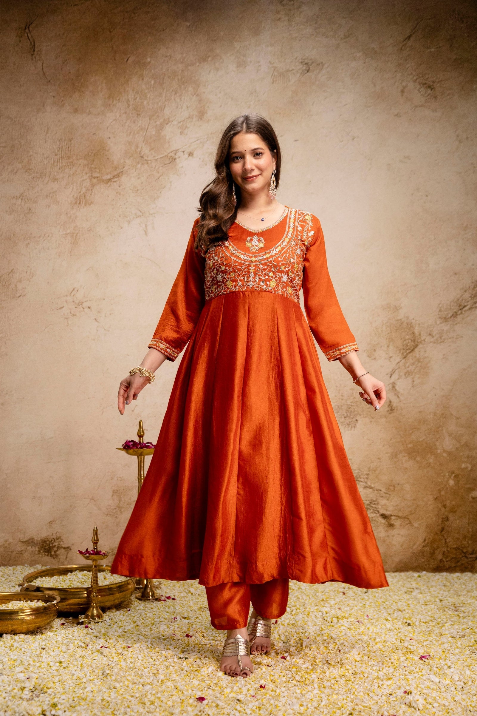 Orange Embroidered Vichitra Silk Anarkali Suit Set