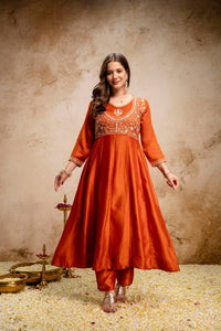 Orange Embroidered Vichitra Silk Anarkali Suit Set
