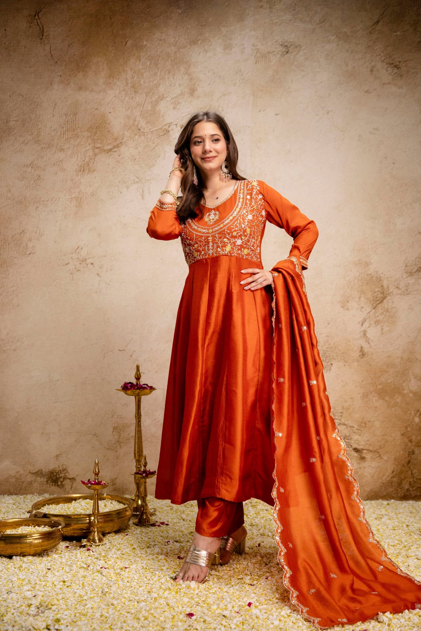 Orange Embroidered Vichitra Silk Anarkali Suit Set