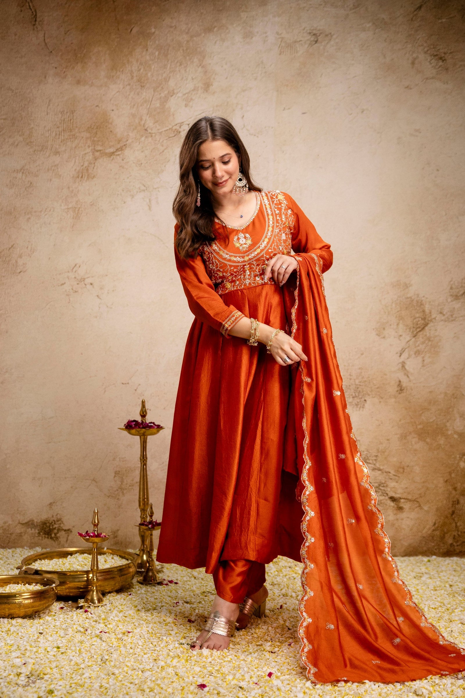 Orange Embroidered Vichitra Silk Anarkali Suit Set