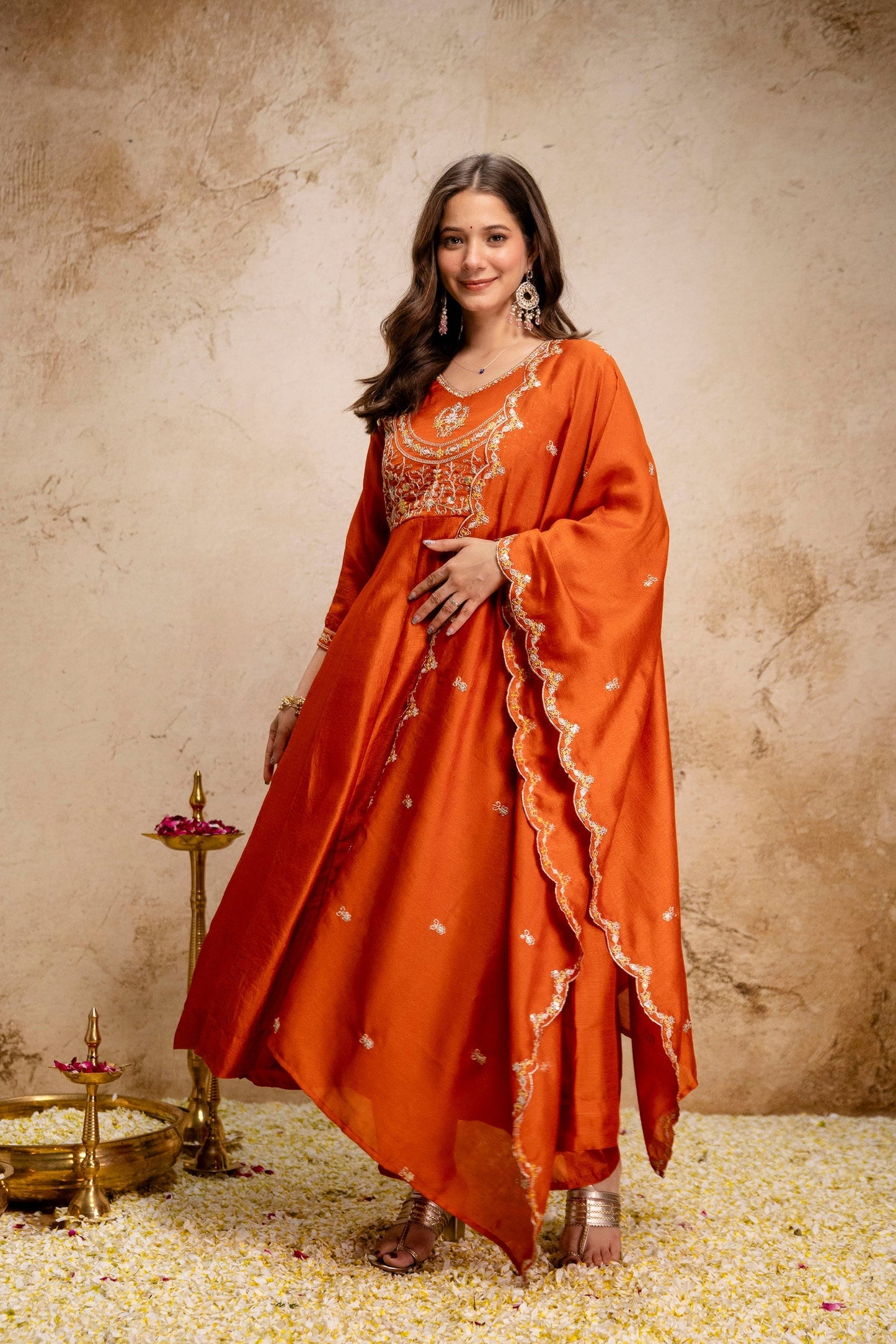Orange Embroidered Vichitra Silk Anarkali Suit Set