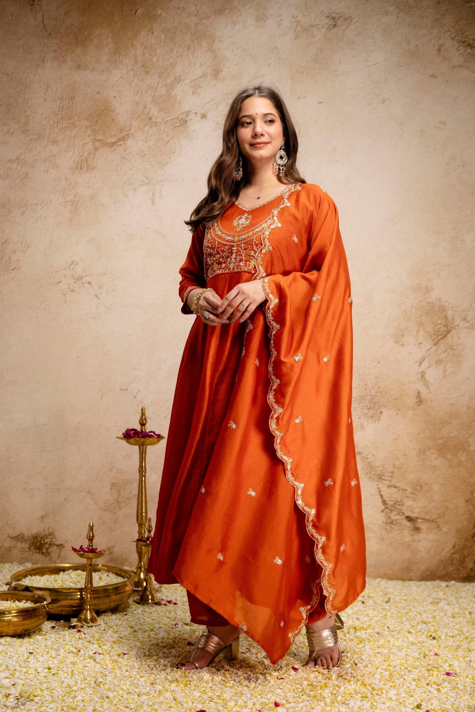 Orange Embroidered Vichitra Silk Anarkali Suit Set