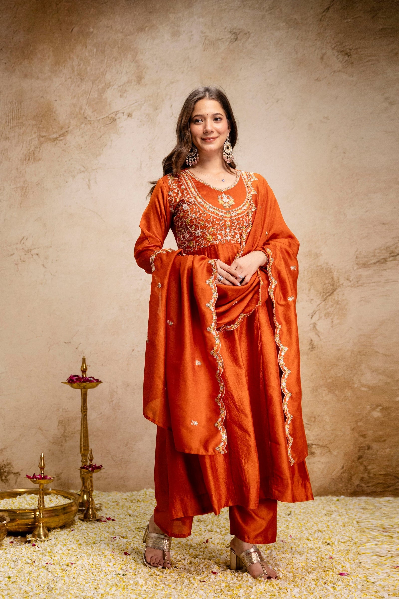 Orange Embroidered Vichitra Silk Anarkali Suit Set