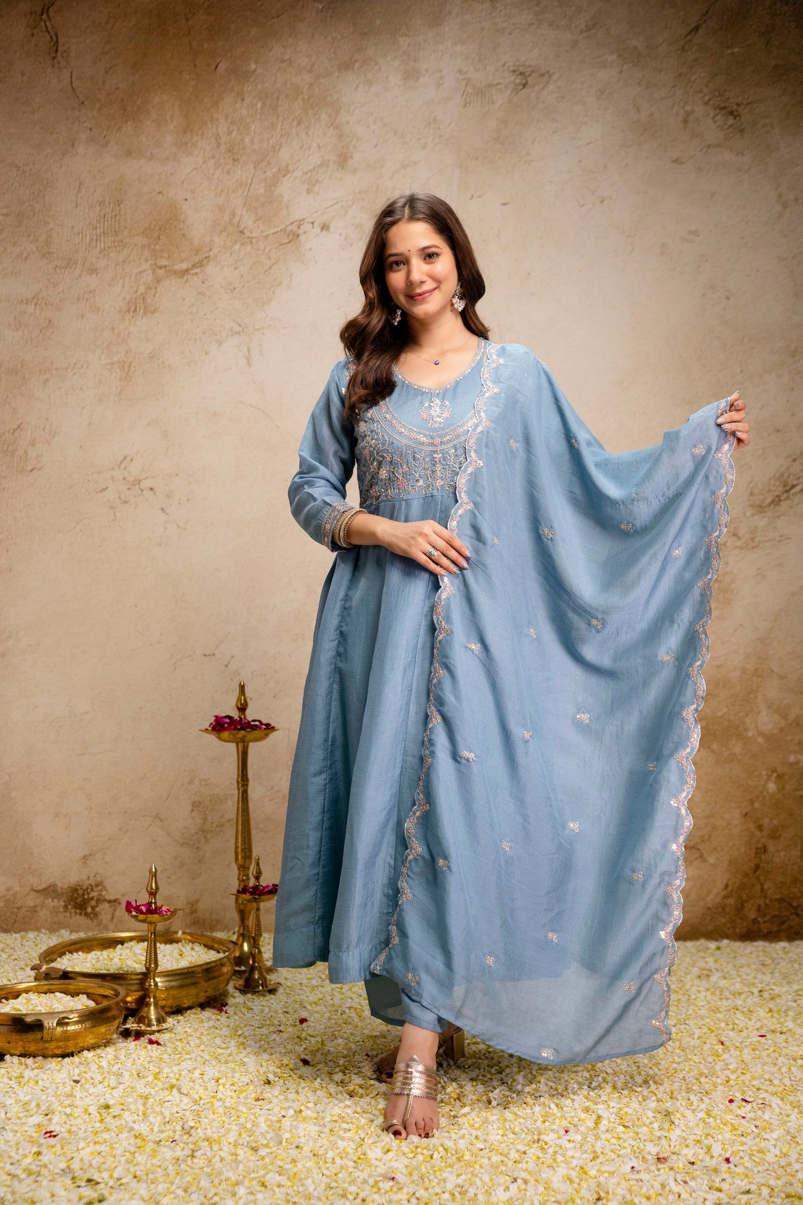 Sky Blue Embroidered Vichitra Silk Anarkali Suit Set