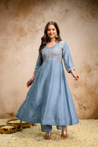 Sky Blue Embroidered Vichitra Silk Anarkali Suit Set