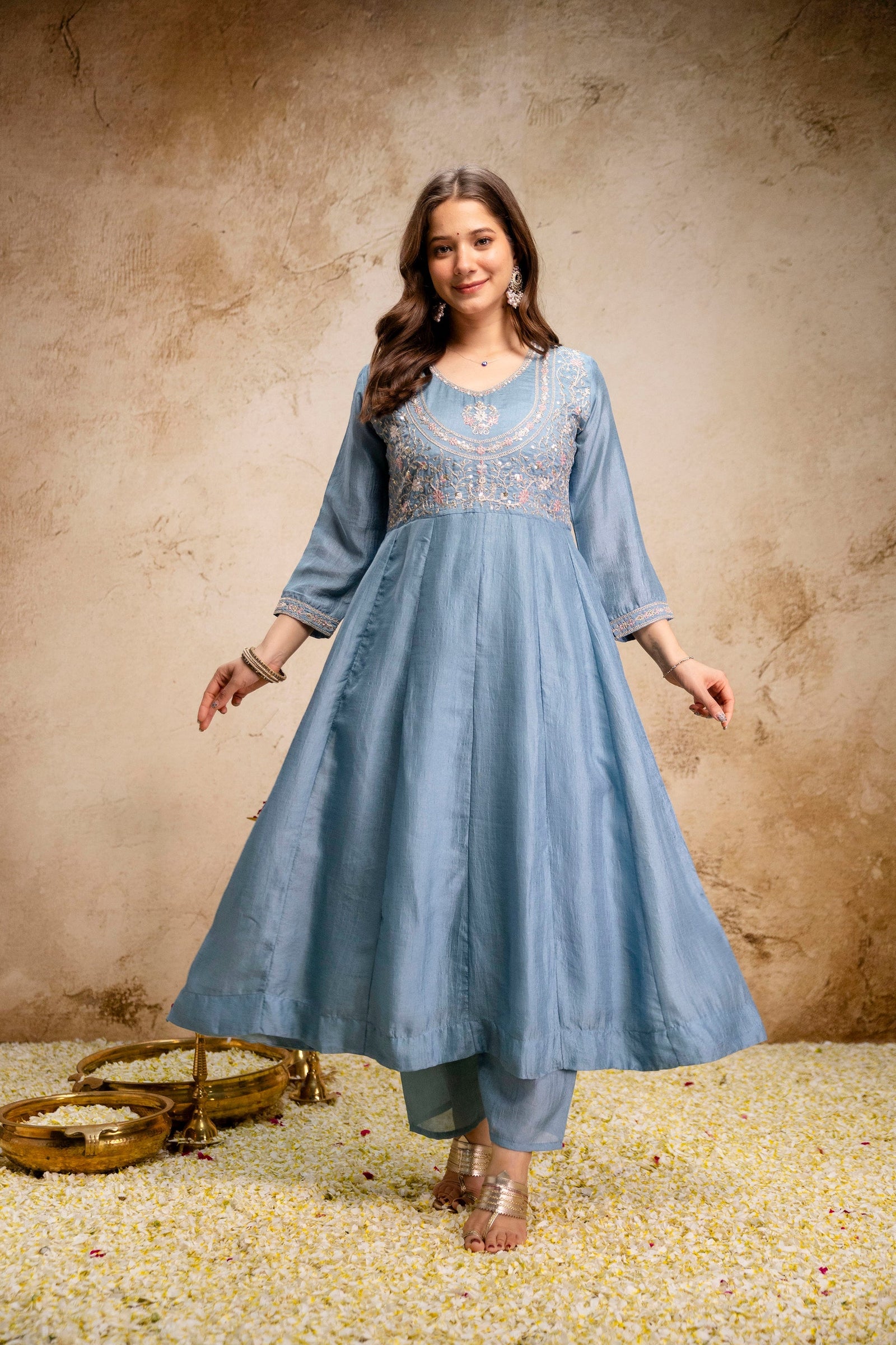 Sky Blue Embroidered Vichitra Silk Anarkali Suit Set