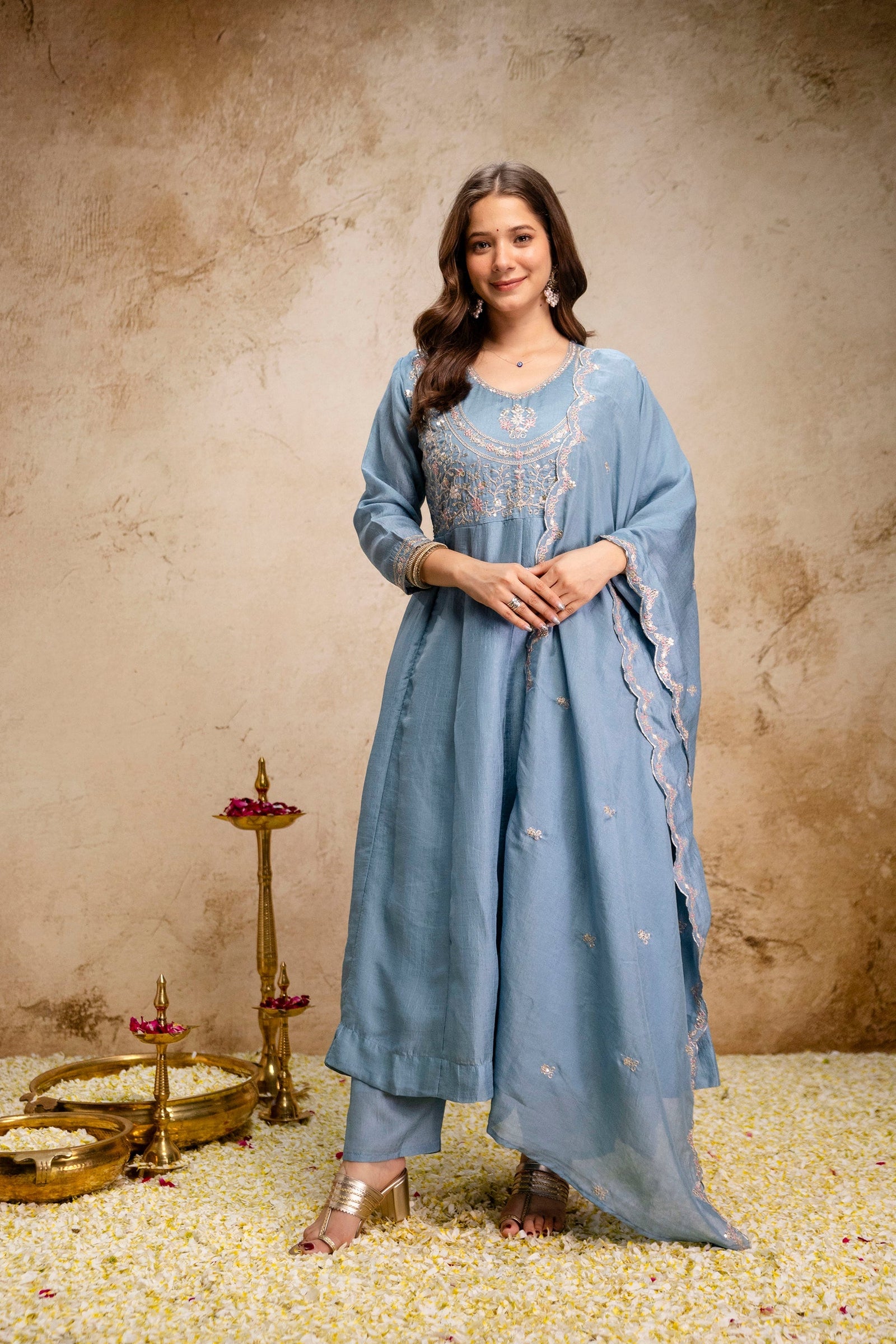 Sky Blue Embroidered Vichitra Silk Anarkali Suit Set