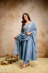 Sky Blue Embroidered Vichitra Silk Anarkali Suit Set