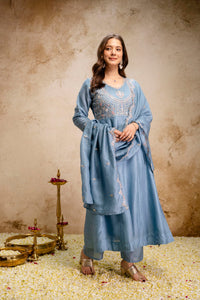 Sky Blue Embroidered Vichitra Silk Anarkali Suit Set