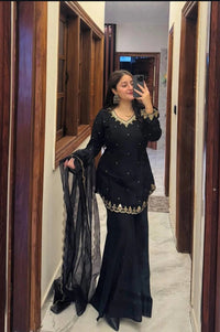 Black Silk Crepe Embroidered Palazzo Set
