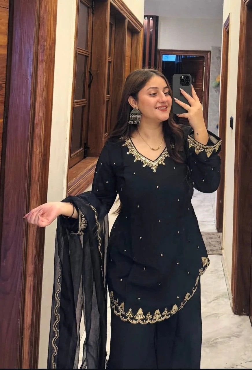 Black Silk Crepe Embroidered Palazzo Set
