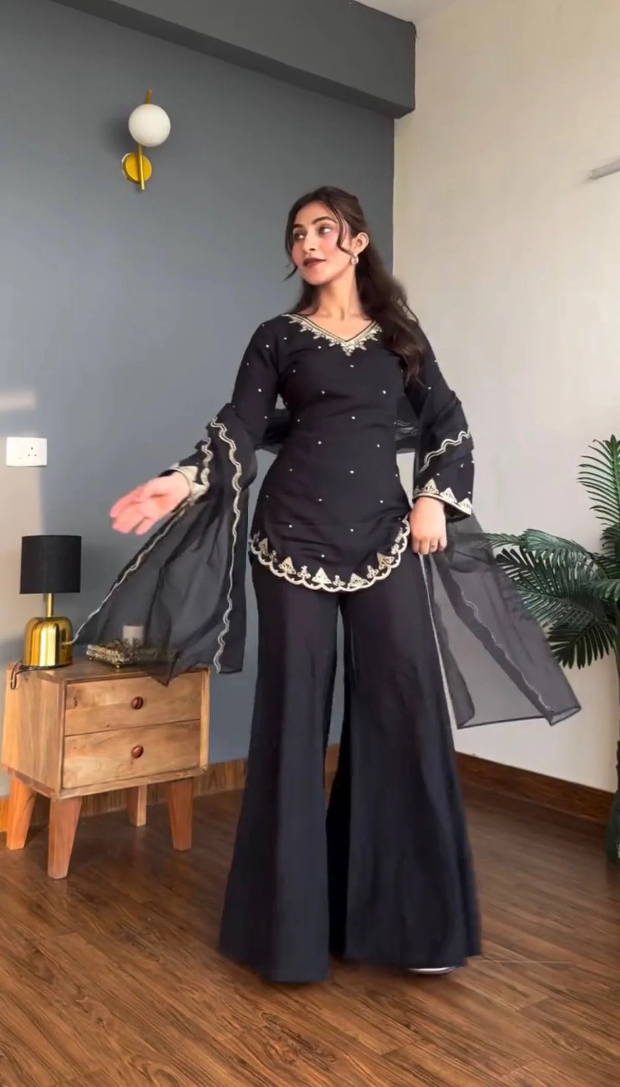 Black Silk Crepe Embroidered Palazzo Set