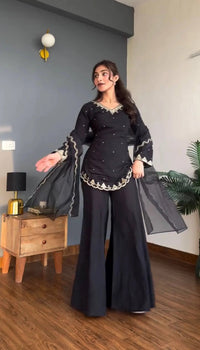 Black Silk Crepe Embroidered Palazzo Set