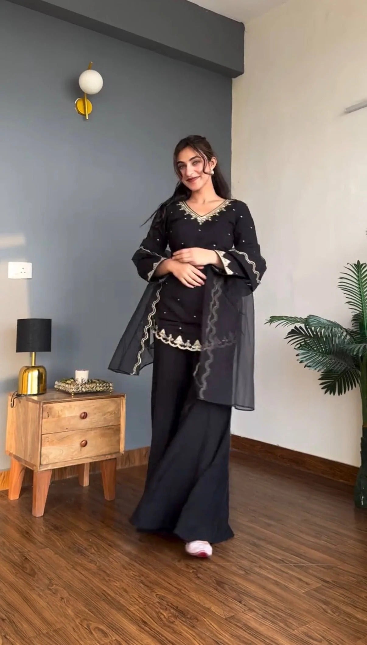Black Silk Crepe Embroidered Palazzo Set