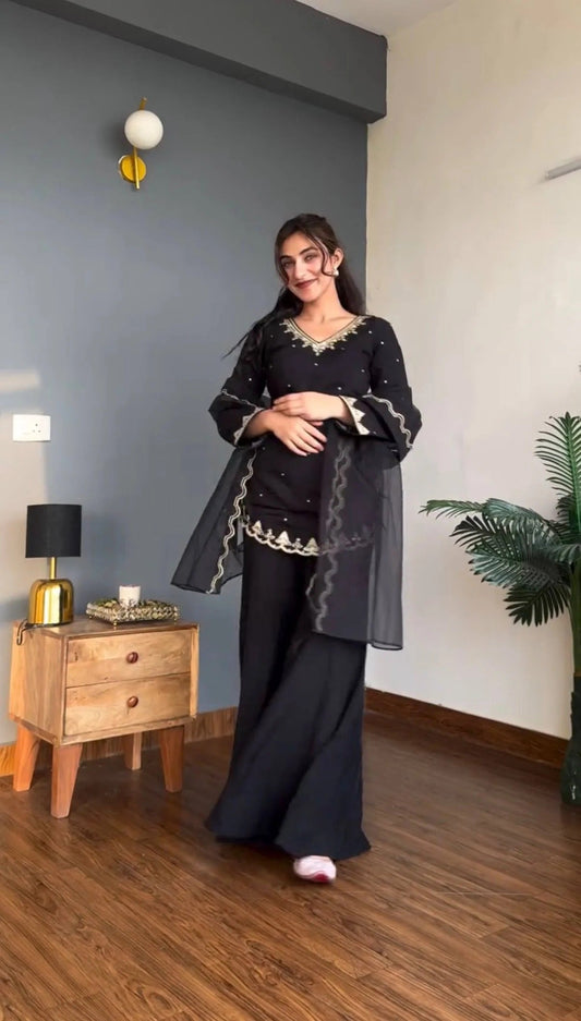 Black Silk Crepe Embroidered Palazzo Set