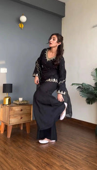 Black Silk Crepe Embroidered Palazzo Set