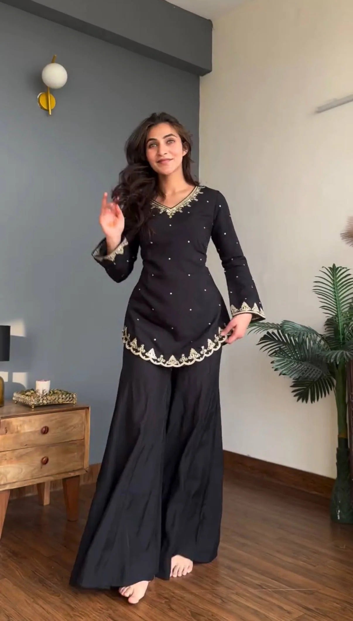 Black Silk Crepe Embroidered Palazzo Set
