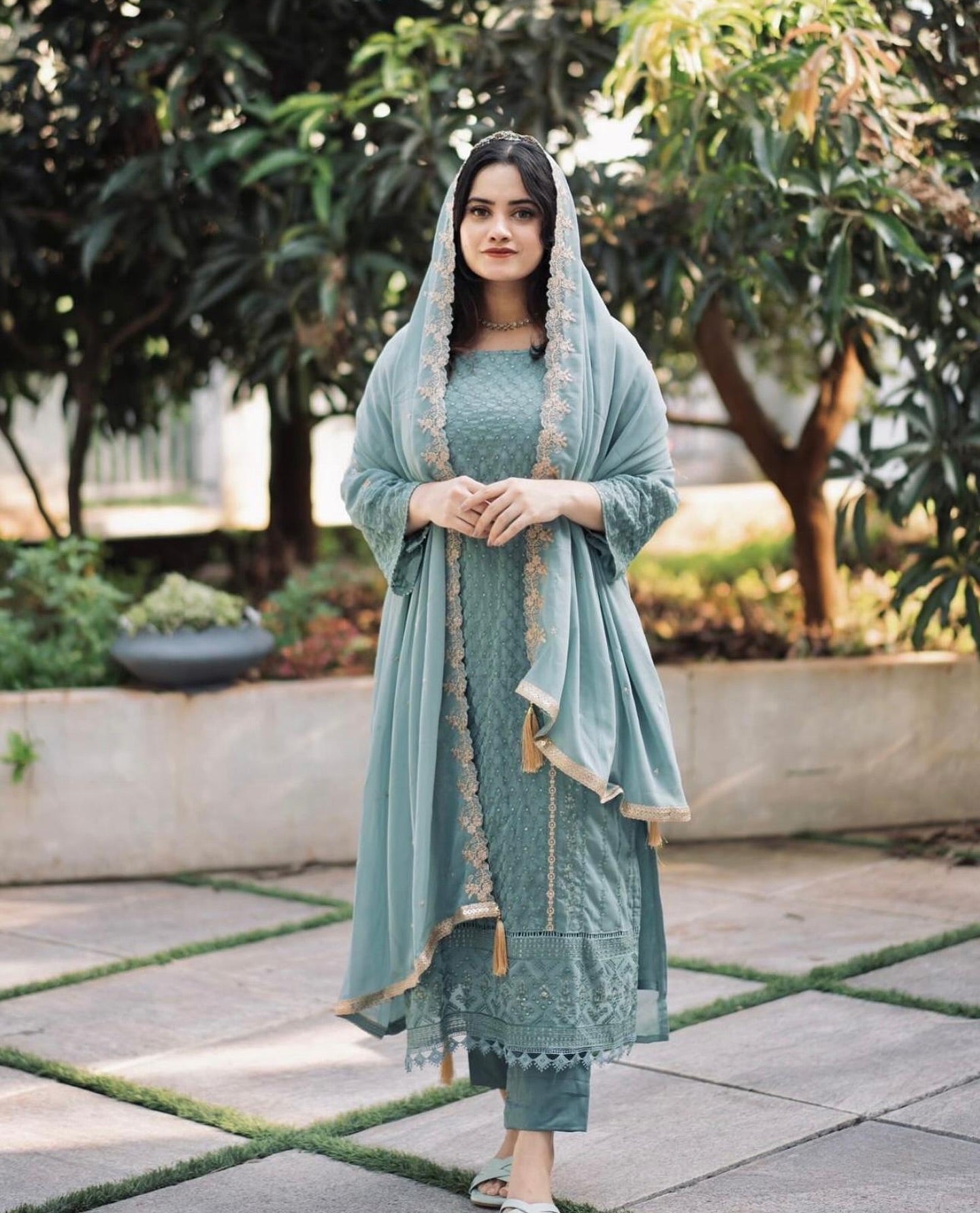 Sky Blue Embroidered Georgette Kurta Set