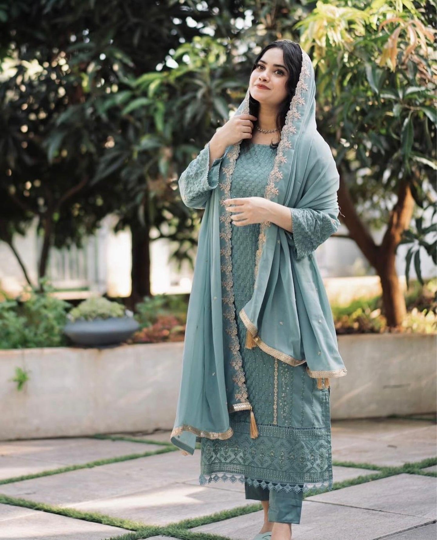 Sky Blue Embroidered Georgette Kurta Set