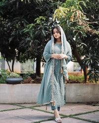 Sky Blue Embroidered Georgette Kurta Set