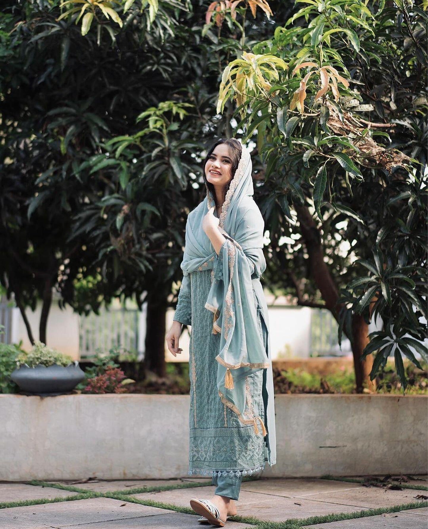 Sky Blue Embroidered Georgette Kurta Set